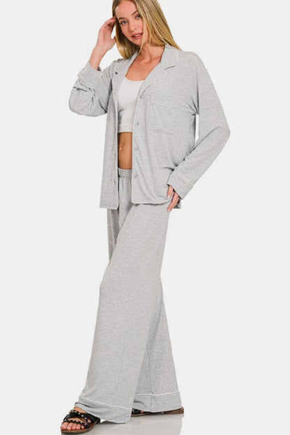 Zenana Button Down Long Sleeve Top and Pants Lounge Set