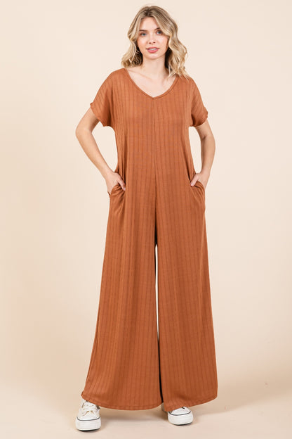 BOMBOM Ribbed Short Sleeve Wide Leg Jumpsuit