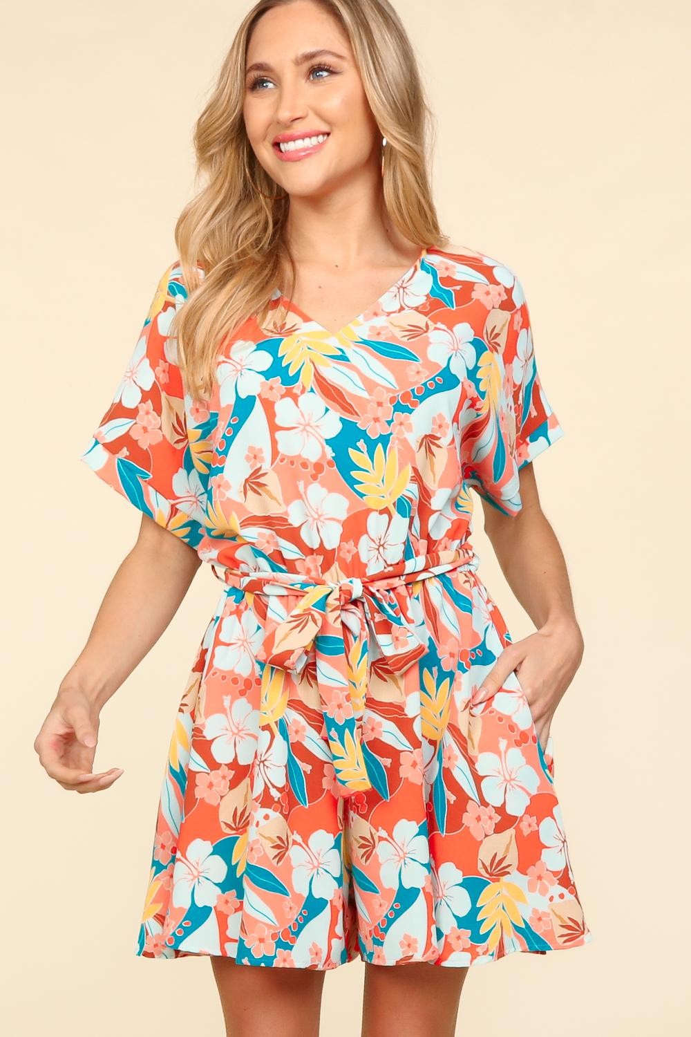 Haptics Tropical Floral Short Sleeve Tied Romper