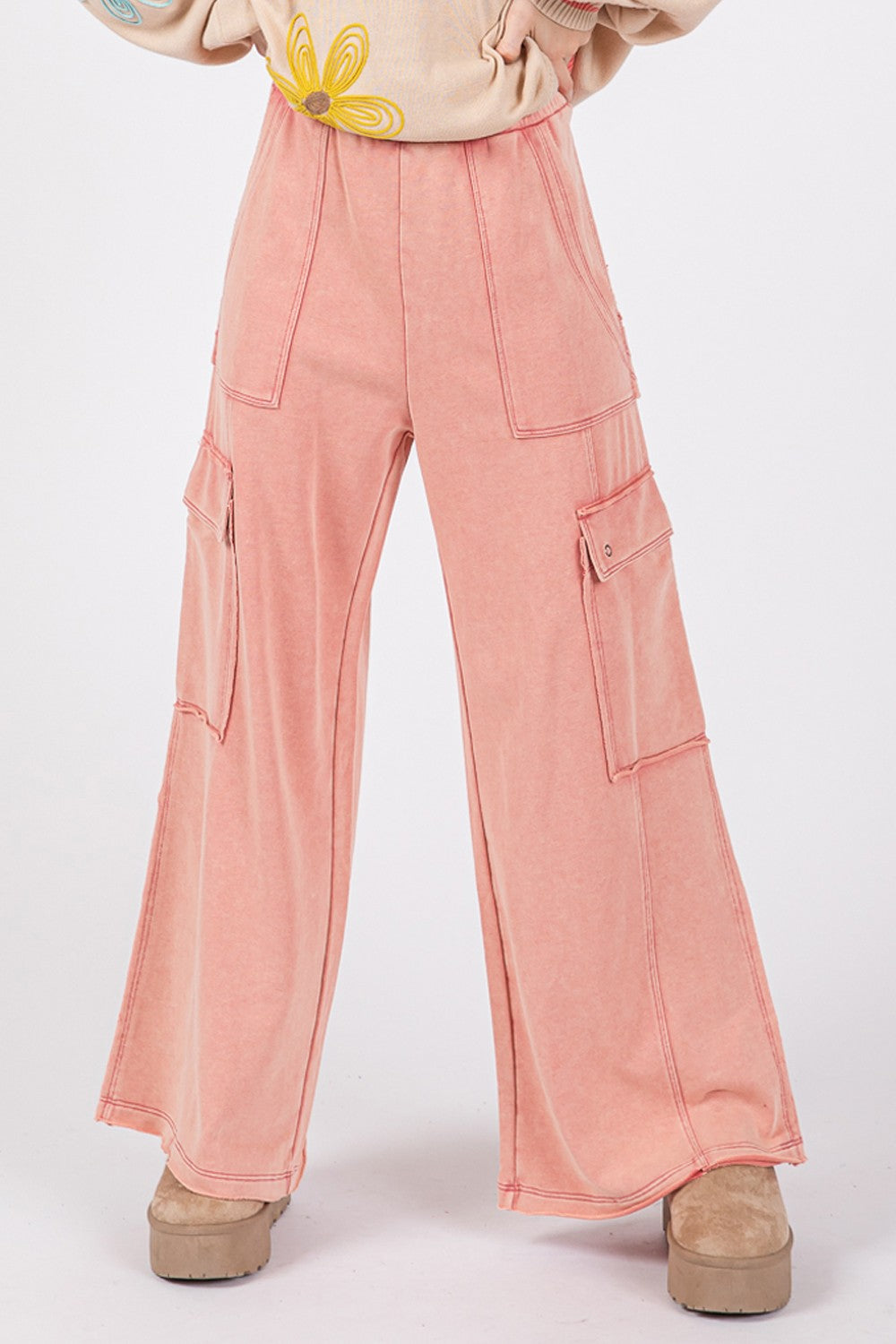 SAGE + FIG Knit Terry Mineral Wash Wide Leg Pants