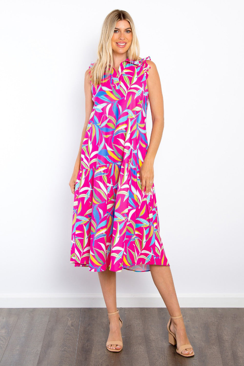 Be Stage Print Ruffled Midi Dress with Pockets